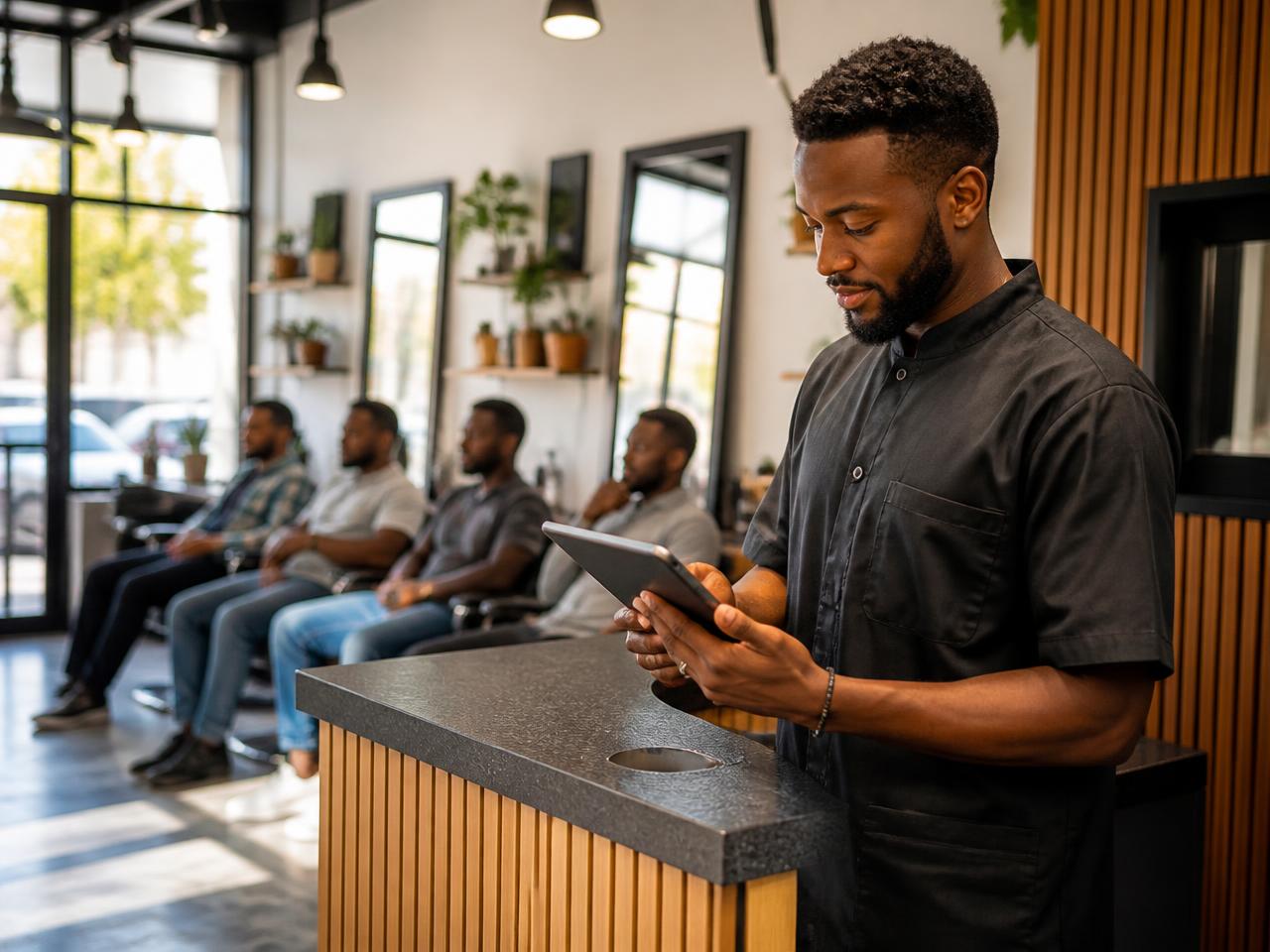 Barber managing the day's queue on a tablet at the front desk