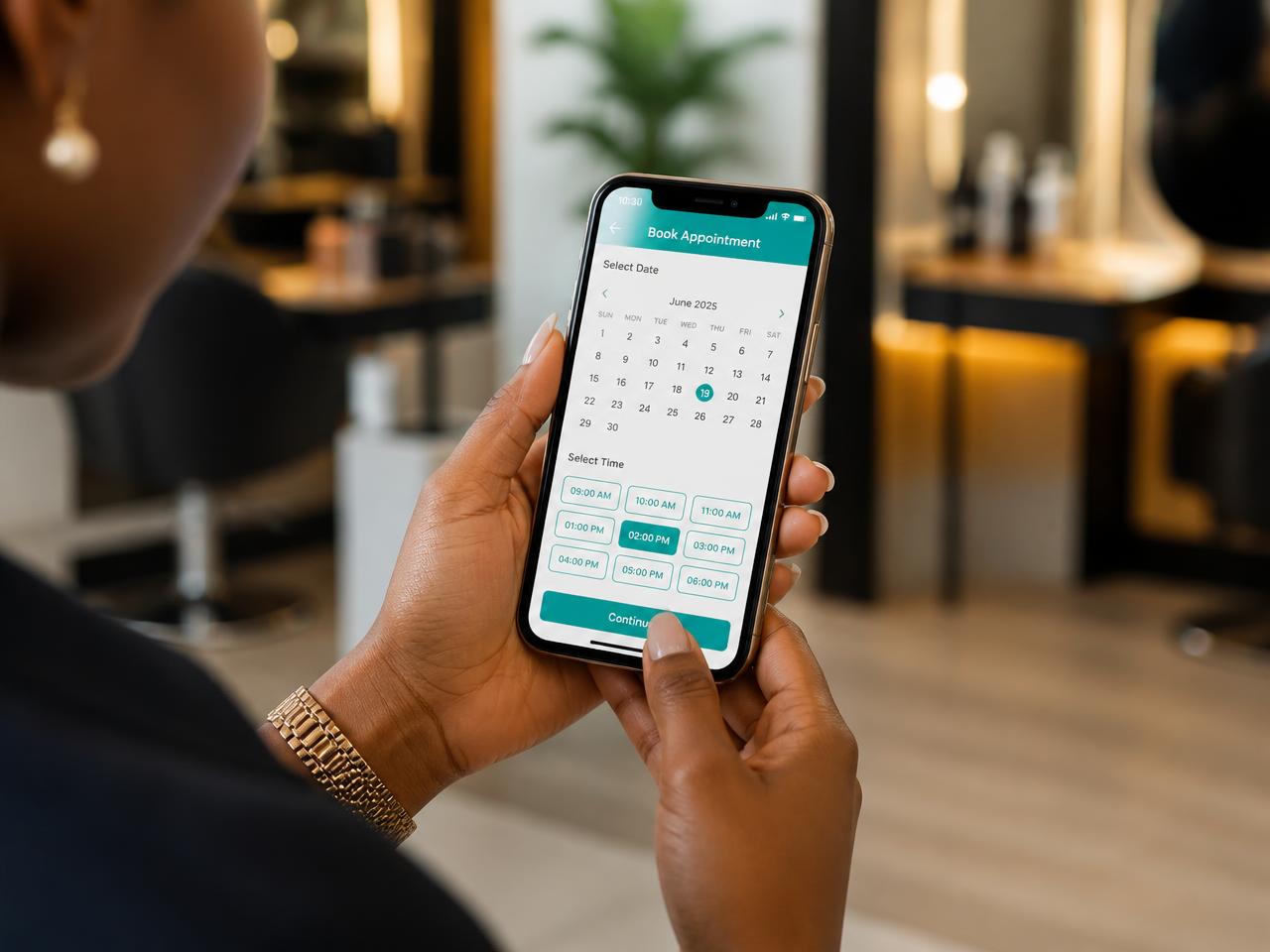 Customer booking a salon appointment on her phone with the Waitless app